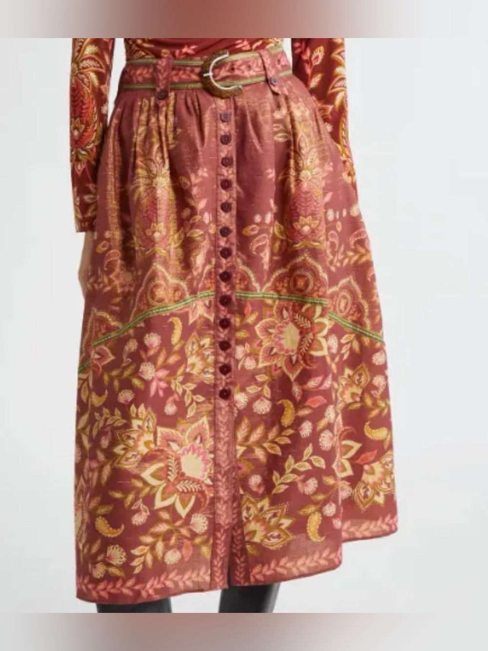 FARM RIO Pineapple Dream‎ Metallic A-Line Skirt Midi Floral Belted Size XS